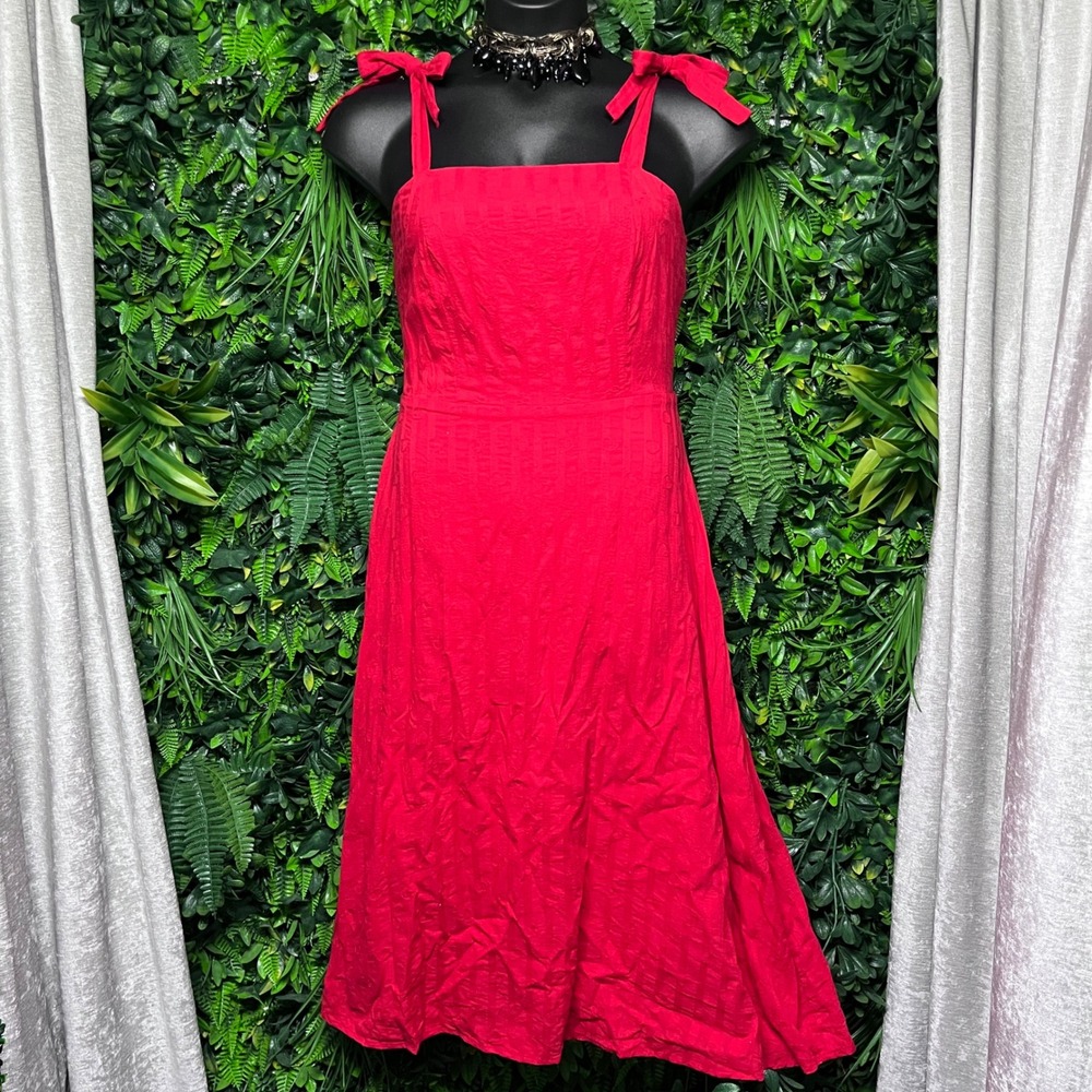 Draper James RSVP Dress Large Red Textured Hearts Tie Shoulder Smocked Midi 3844 - Picture 2 of 9